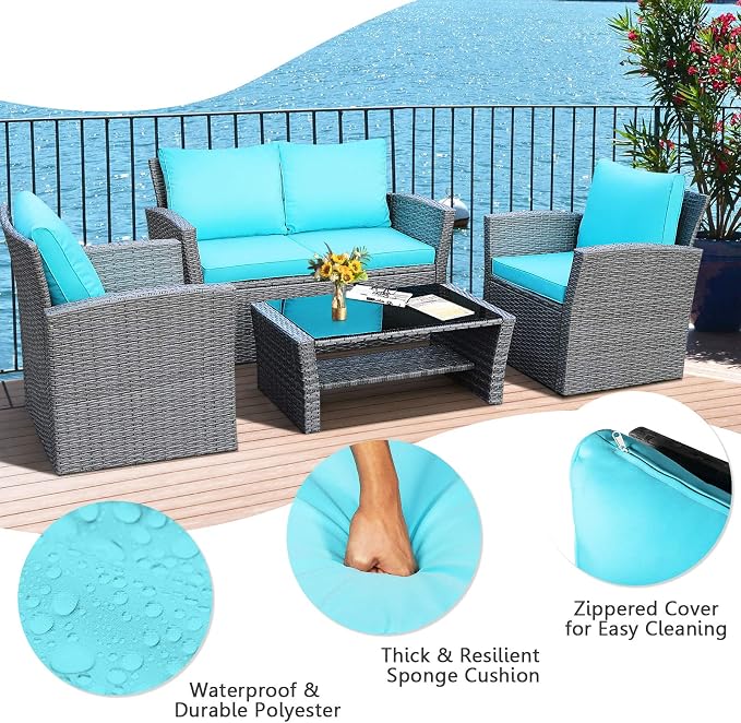 HAPPYGRILL 4-Pieces Patio Rattan Furniture Set Outdoor Conversation Set with Cushions and Coffee Table, Sectional Wicker Sofa Set for Garden Porch Balcony Poolside