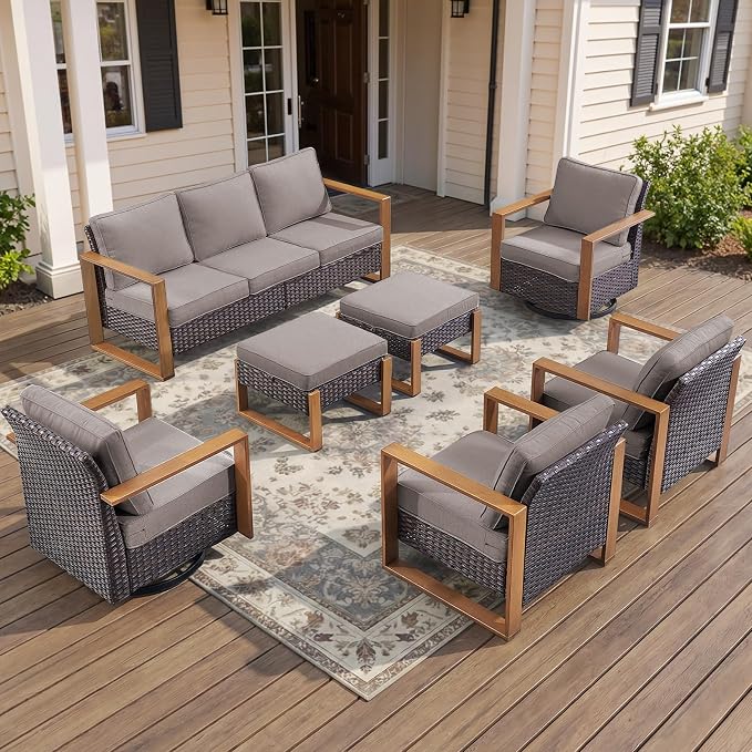 7-Piece Outdoor Patio Furniture Set with Swivel Chairs & Rattan Chairs, All-Weather Wicker Sofa Set for Garden, Yard, Porch and Poolside Seating Grey