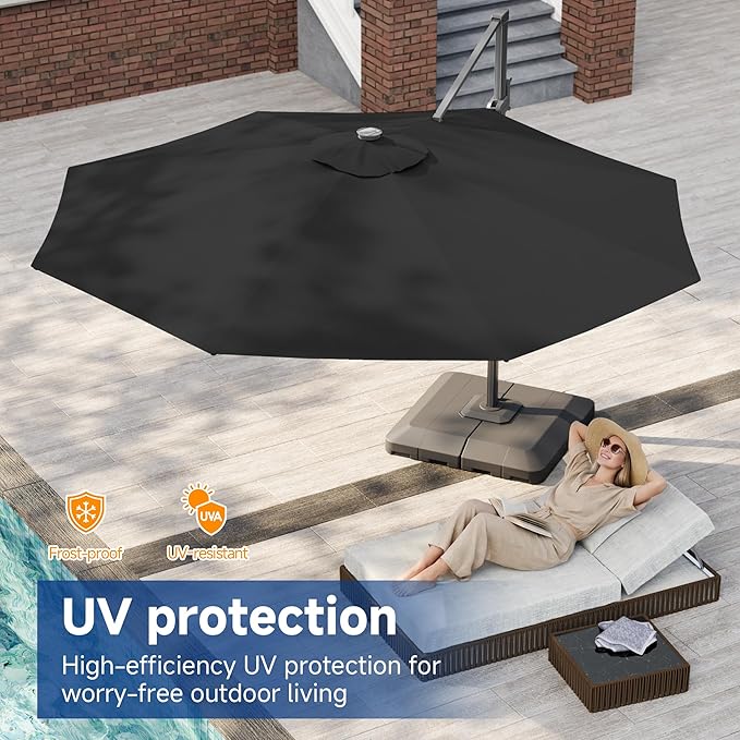 FLAME&SHADE 11ft Cantilever Patio Umbrella with Base, Round Offset Umbrella with Solar Light Strips, Large Heavy Duty Outdoor Aluminum 360° Rotation,for Deck,Pool,Backyard