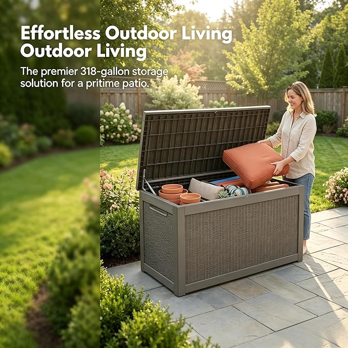 318 Gallon Large Resin Deck Box – Waterproof Outdoor Storage Chest for Patio Cushions, Garden Tools & Pool Supplies, UV-Resistant All-Weather Construction, Lockable Lid & Hydraulic Rods, Easy Assembly