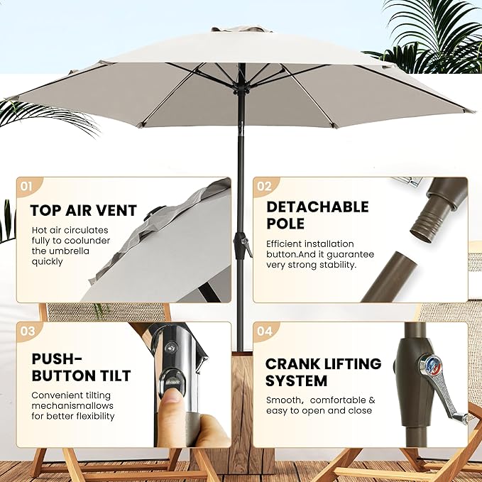 Ayge 7.5FT Large Outdoor Patio Umbrella Market Table Umbrella-UV Resistant,Easy Push Button Tilt and Crank, 6 Sturdy Fiberglass Ribs Heavy-Duty Pool Umbrella for Deck,Backyard,Garden,Yard,Light Grey