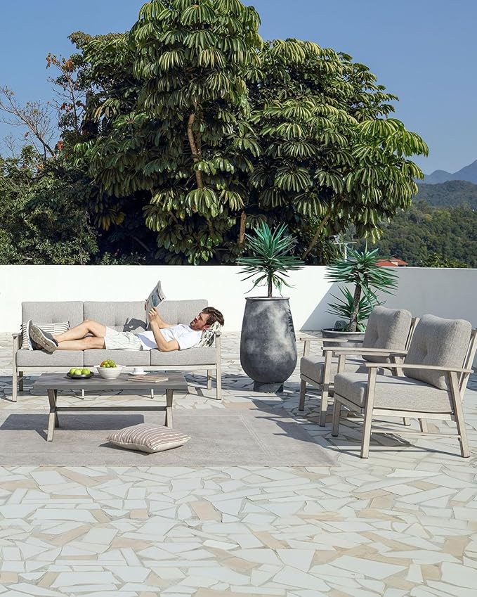 Aluminum Patio Sofa Set, 4 Piece Outdoor Patio Furniture Set with Thick Cushions, All Weather Outdoor Sectional Sofa Couch Sets for Deck, Lawn, Poolside, Backyard, White Oak