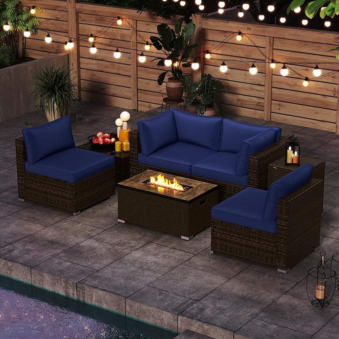 Tangkula 7 Pieces Patio Furniture Set with 32” Fire Pit Table and Propane Tank Cover, Outdoor PE Wicker Sectional Conversation Set with Cushions for Deck, Backyard, Protective Cover Included