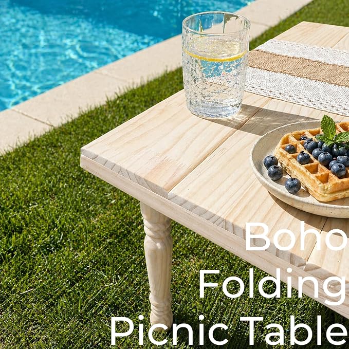 Boho Folding Picnic Table, 60" x 30" Low Wooden Table | Includes Table Runner & Non-Slip Pads, Portable Indoor/Outdoor Table for Camping, Beach, Garden, Wedding & Parties, Seats 6-8
