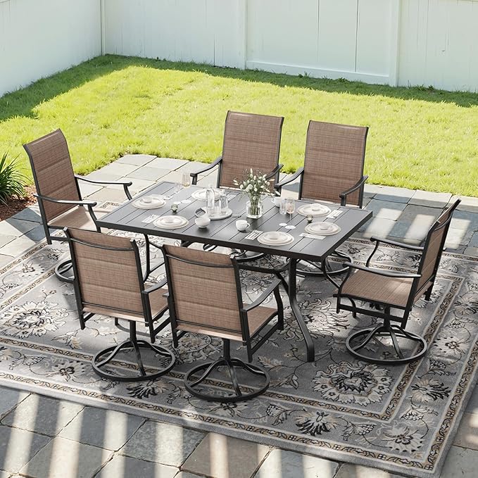 Soohow Patio Dining Set for 6, 7-Piece Outdoor Dining Table and Chairs Set, 6 x Swivel Outdoor Chairs with Paded Textilene and 60"x35" Patio Table with 1.57" Umbrella Hole for Poolside, Backyard