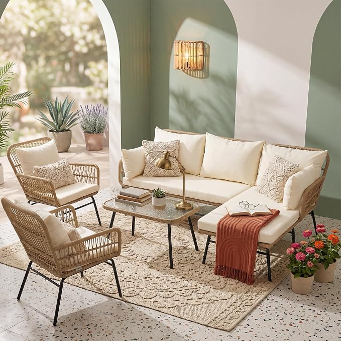 BULEXYARD 5 Pcs Boho Outdoor Patio Furniture Sets, L Shaped Natural Color Wicker Conversation Sectional Sofa w/Cozy Beige Cushion, Outdoor Chairs w/Coffee Table for Backyard Porch Deck