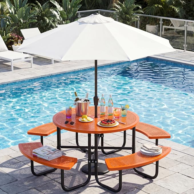 46" Outdoor Round Perforated Picnic Table Metal Camping Table with Umbrella Hole - Heavy Duty Steel Mesh Picnic Bench Set for Backyard Garden Deck, Orange