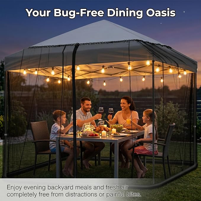 Mosquito Netting for Patio Umbrella 10x10 Ft Canopy Screen, Weather-Resistant 75D Polyester Mesh with TPU Water Pipe Base, Double Zipper Door for Backyard Dining, Black