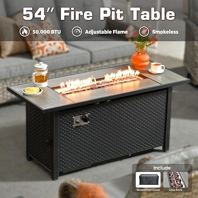 8-Piece Outdoor Patio Furniture Set with Fire Pit Table,All Weather Wicker Rattan Patio Seating Sofa and Chair Set with Ottomans,Outdoor Conversation Sets w/ 3 Seater Couch for Porch Deck Yard,Grey