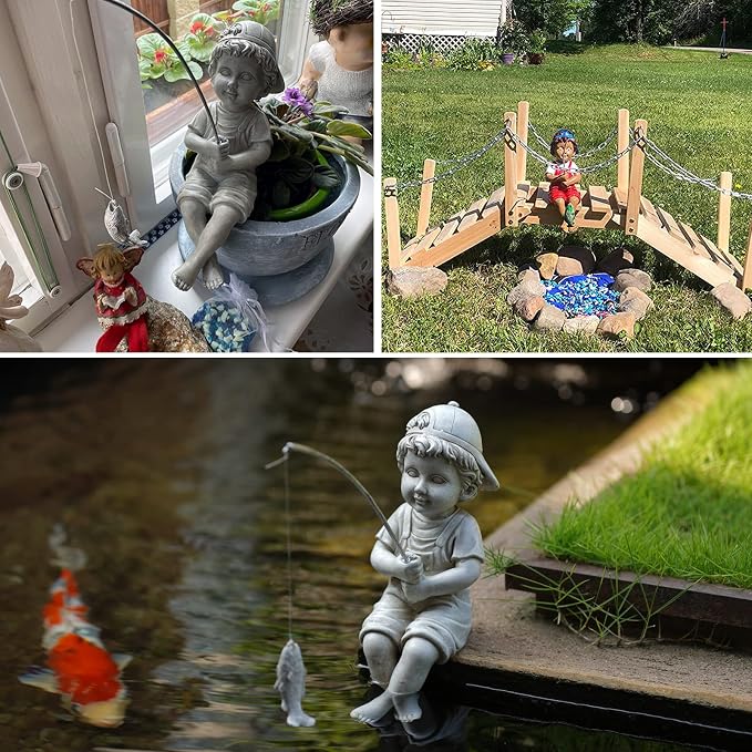 Goodeco Fisherboy Statue Garden Decor - 11" Little Fishing Guy for Koi Pond or Waterfalls, Poolside Statue with Glow in Dark Pebbles Included, Great Gifts for Mom, Women or Birthdays, Gift Ideas