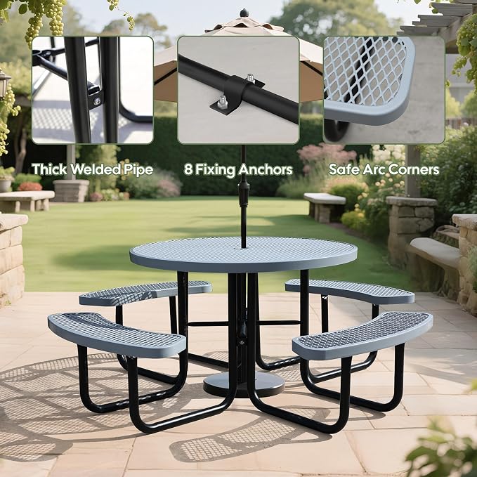 46'' Round Metal Picnic Table for Outdoors, Commercial Steel Metal Picnic Tables, Heavy Duty Sturdy Picnic Tables Furniture Set for Patio Garden Courtyard BBQ, with Umbrella Hole, Grey