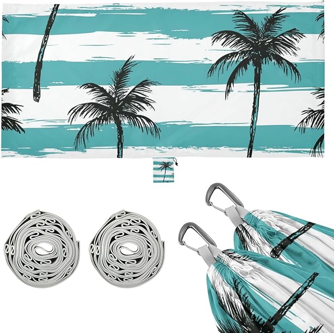 Palm Tree Summer Beach Blue 330lb Capacity Outdoor Hammocks with Tree Straps Fabric Hammock for Patio Backyard Lounge Base hamacas para adultos 2 Personas