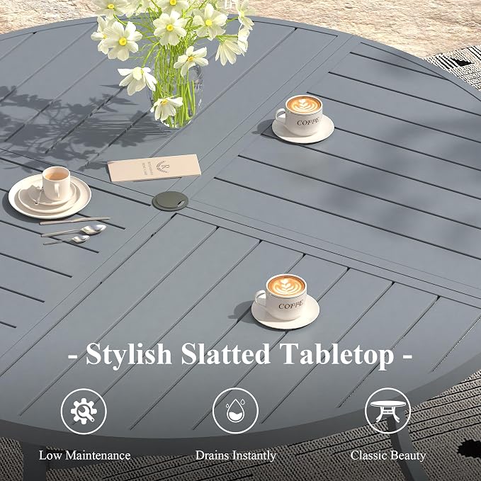 63" Outdoor Dining Table with Adjustable Umbrella Hole, Metal Slatted Round Patio Dining Table for Backyard Garden Deck, Dark Grey
