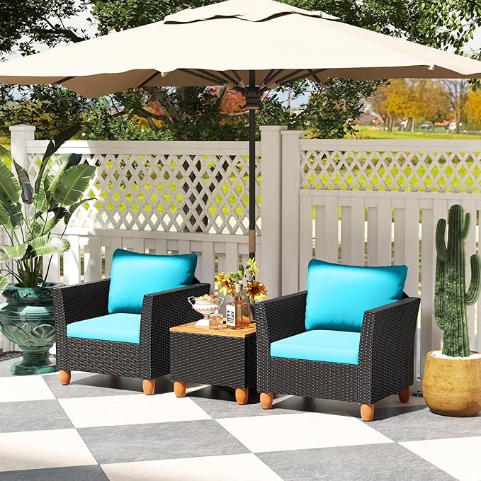 Tangkula 3 Pieces Patio Porch Furniture Set, PE Rattan Wicker Chair Conversation Set with Cushions and Storage Table, Outdoor Acacia Wood Bistro Set for Garden, Poolside (Turquoise)