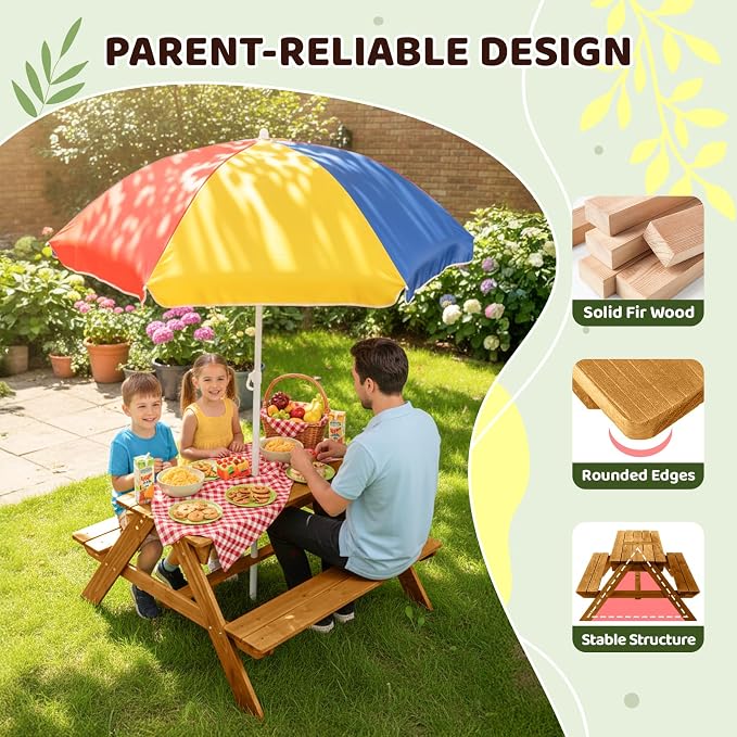 JOYMOR 4-in-1 Kids Picnic Table w/2 Sensory Bins, Cedar Wooden Sand & Water Table with Height Adjustable Umbrella, Wooden Kids Outdoor Picnic Tables for Garden, Backyard, Patio Furniture(Natural)