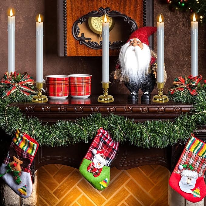 DRomance Christmas Flameless Window Taper Candles Battery Operated with Remote and Timer, 6 Pack White Plastic Dripping LED Flickering Candles with Suction Cups Holiday Indoor Decor(Gold Holders)