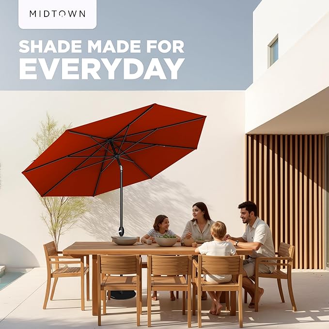 Midtown Umbrellas - 10-Year-No-Fade 6 Ft Patio Umbrella with Terylast Fabric, Auto-Tilt Aluminum Frame and 8 Reinforced Ribs for Deck, Pool, Garden & Beach - Apple Red Canopy, Black Pole