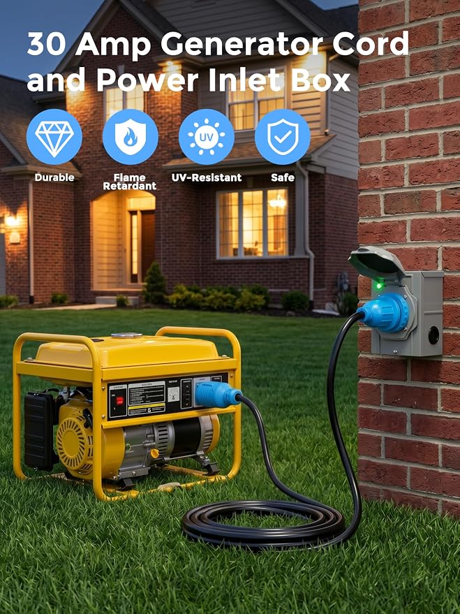 CircleCord 4 Prong 10 Feet 30 Amp Generator Extension Cord and Inlet Box with Locking Connector, Heavy Duty NEMA L14-30P/L14-30R, 125/250V 7500W 10 Gauge SJTW Generator to House Power Cord
