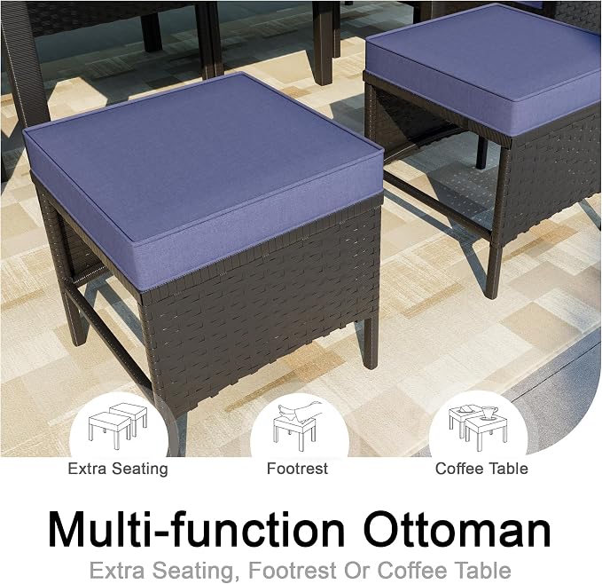 7 Pieces Outdoor Dining Set, Wicker Conversation Patio Furniture with Glass Table, L-Shaped PE Rattan Sectional Sofa Seating with Ottomans for Outside, Backyard, Balcony, Garden, Blue Cushions