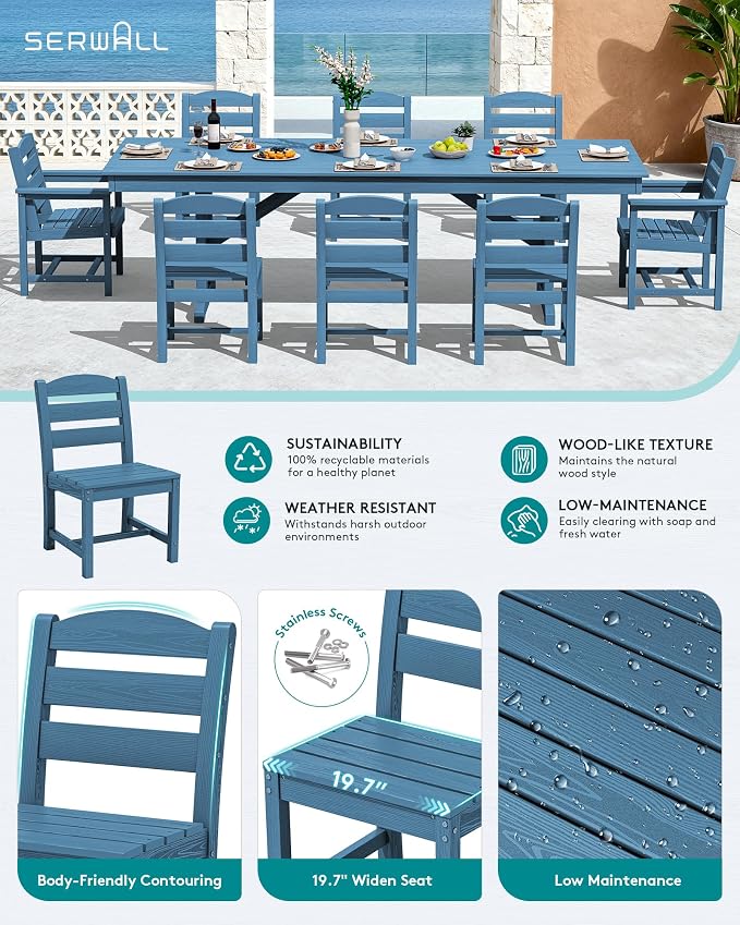 SERWALL 9 Piece Outdoor Dining Set, 84" HDPE Outdoor Table with 6 Armless Chairs and 2 Armchairs ，All Weather Patio Dining Furniture Set with Umbrella Hole for Backyard, Garden, Blue