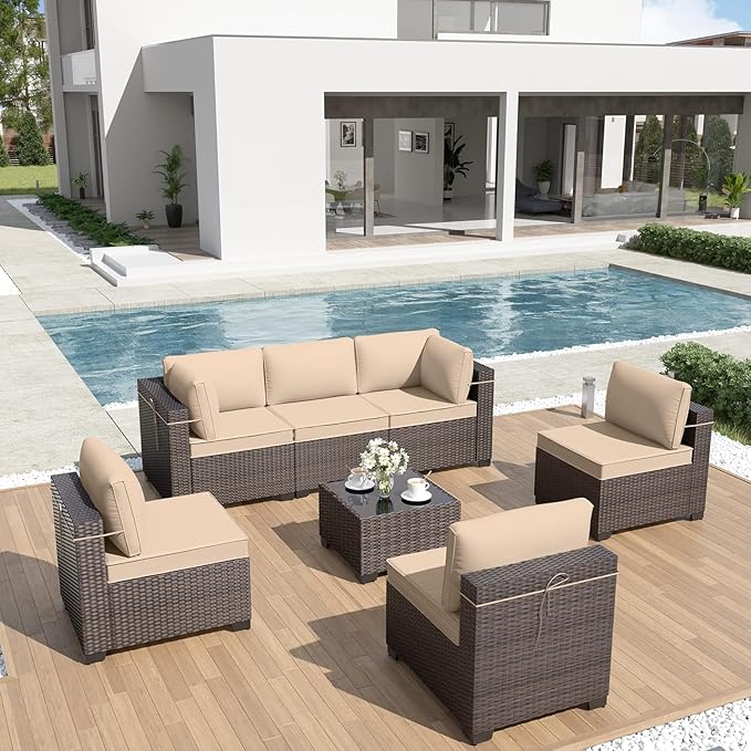 ALAULM 7 Pieces Patio Furniture Set Wicker Patio Conversation Set, Outdoor Sectional Furniture w/Coffee Table & Washable Seat Cushions-Sand