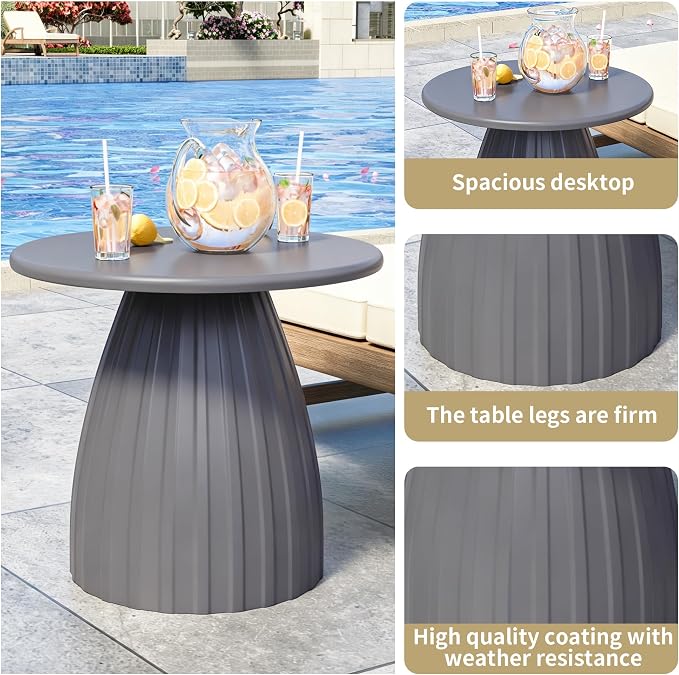 Round Metal Outdoor Patio Side Table, Steel Outdoor Accent Table, Small Patio End Table, for Garden, Pool, Yard, Balcony, Living Room, Deck, Weather Resistant, No Assembly, Grey