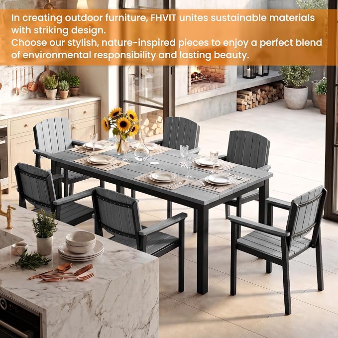Outdoor Dining Sets Patio Table and Chairs Set 7-Piece, Aluminum Frame HDPS Faux Wood, All Weather Patio Dining Set with Umbrella Hole for Garden Backyard Poolside Grey