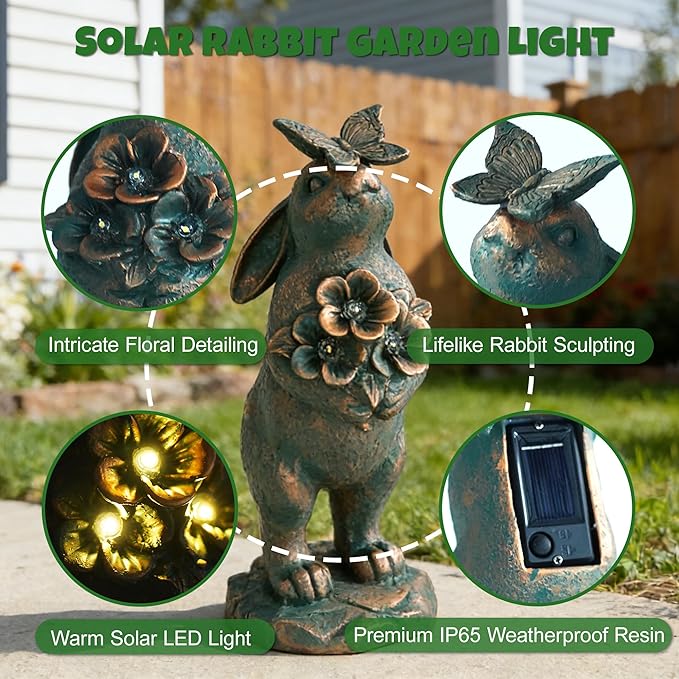 Solar Garden Statues, Resin Bunny Statue w/ Flower, Waterproof Figurine Rabbit Solar Lantern for Outside Yard Outdoor Home Patio Lawn, Solar Animal Lights for Adults Women Birthday Easter Gifts