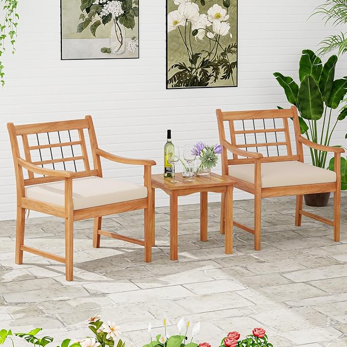 HAPPYGRILL 3 Piece Acacia Wood Patio Conversation Set, Outdoor Bistro Set with Cushions, Solid Wood Frame, 2 Armchairs & Coffee Table Set for Backyard, Porch, Poolside (Off White)