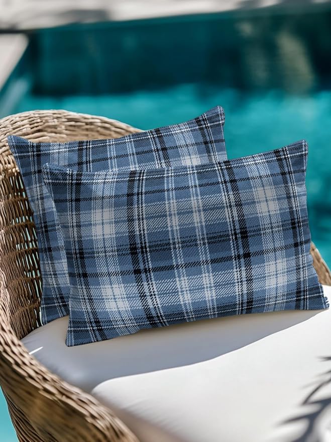 Waterproof Outdoor Pillow Set of 2 Blue Checked Plaid Decorative Throw Pillows Cover & Insert 20x12 Inch Lumbar Pillowcase Stripes Woven Grid Pillows for Couch Sofa Bed Patio Furniture Indoor Outdoor