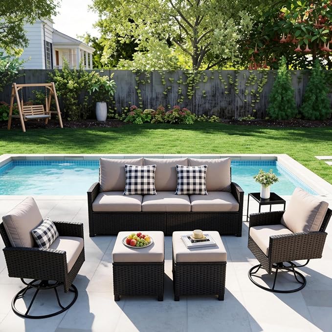 6 Piece Outdoor Furniture Set, Rattan Patio Furniture with 2 Swivel Chairs, 3-Seat Sofa, 2 Ottoman & Side Table, All-Weather Conversation Set for Porch Garden Lawn Balcony (Black & Gray)
