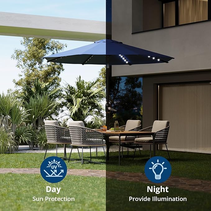 10FT Patio Umbrella with Solar Lights, Outdoor Market Table Umbrella with 8 Ribs, 40 LED Lights and Crank Handle for Pool, Lawn, Garden, Backyard, Navy Blue
