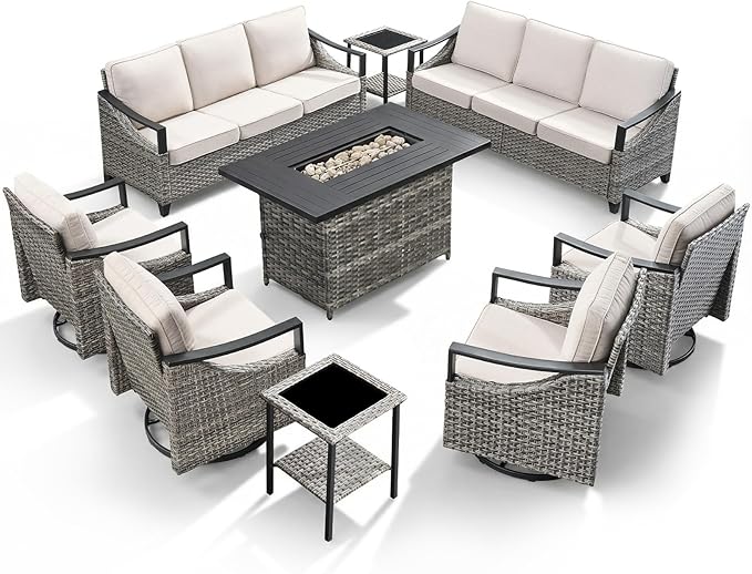 Patio Furniture Set with 42.5" Fire Pit Table-9 Pieces All Weather Wicker Outdoor Furniture with High Back Swivel Patio Chairs Set of 4 Outdoor Patio Conversation for Deck Garden Beige/Gray