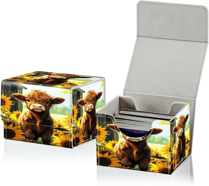 Card Deck Box for MTG, Cards Storage Box Fits 120+ Sleeved, Leather Small Size Strong Magnetic Closing Card Case for Board Games Magic TCG CCG Baseball Collection, Sunflower Baby Cow