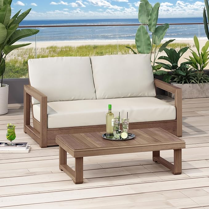 Christopher Knight Home 5-Piece Patio Furniture Set, Acacia Wood Outdoor Sofa Set with 3-Seater Couch, Loveseat, 2 Swivel Rocking Chairs & Coffee Table, Deep Seat Patio Conversation Set, Brown+Beige