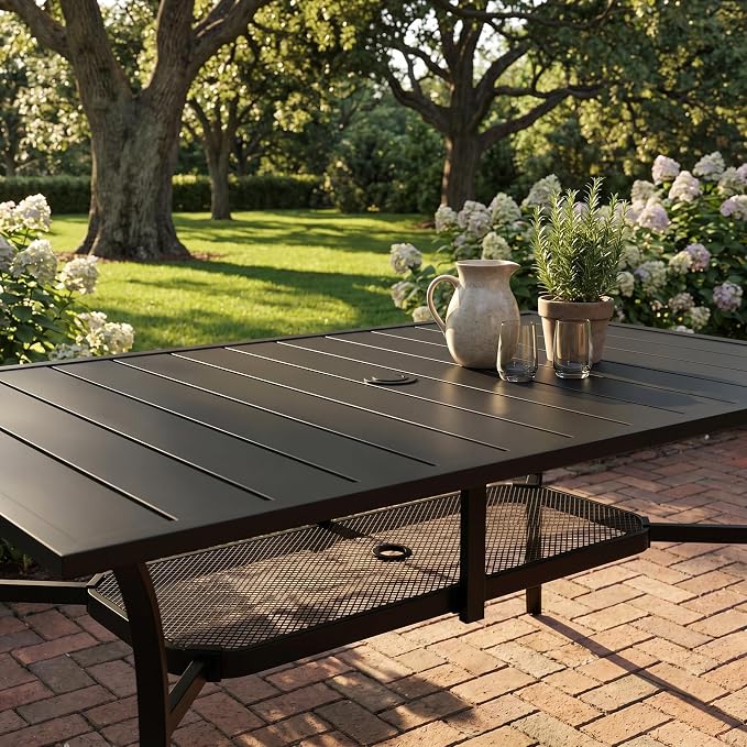 VICLLAX Patio Dining Set for 6, 7-piece Outdoor Dining Set - 59" Rectangle Patio Table and Chairs for Lawn Garden, Black Tabletop and Blue Fabric