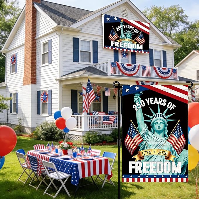 LosFong 250th Anniversary America Garden Flag Double Sided 12x18 Inch 250 Years of Freedom USA Patriotic 4th of July Yard Flag 1776-2026 Commemorative Statue of Liberty Banner