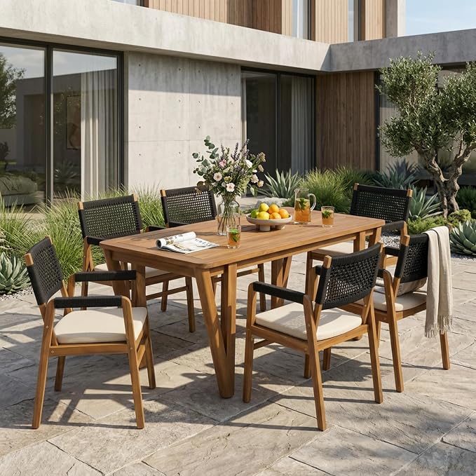 Christopher Knight Home Terri Acacia Wood Patio Dining Set for 6, Solid Wood Outdoor Dining Table Set for 6, 7 Piece Outdoor Dining Set with Rectangular Table and Woven Rope Accents, Teak+Beige+Black