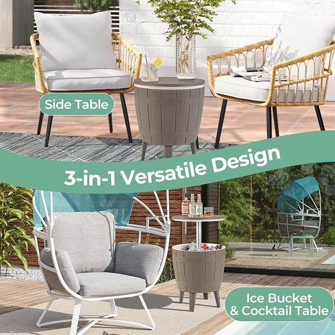 10 Gallon Cooler Table, Cool Bar Table with Height Adjustable Tabletop & Drainage Plug, 3-in-1 Cocktail Drinks & Wine, Outdoor Cooler Side Table for Backyard, Party, Poolside (Brown)