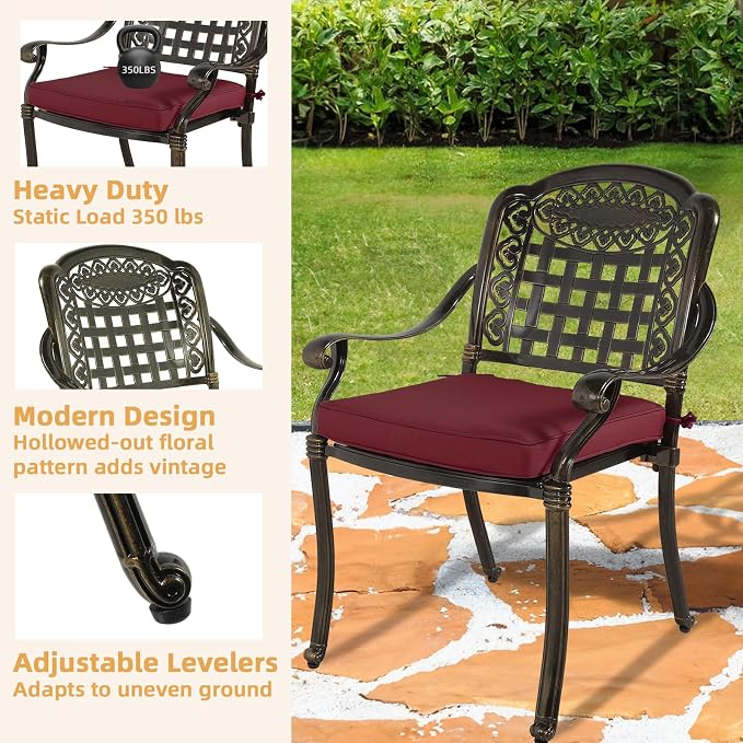 9-Piece Patio Furniture Dining Set, All Weather Cast Aluminum Outdoor Conversation Set- 61" Round Patio Dining Table with Detachable Lazy Susan & 8 Chairs, 2" Umbrella Hole, Chili Red