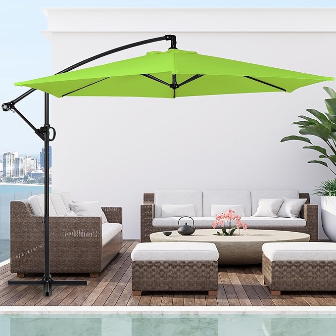 Shintenchi Offset Patio Umbrella with Easy Tilt Adjustment,Crank and Cross Base, Outdoor Cantilever Hanging Umbrella, Sunshade Free Standing Canopy, Olive