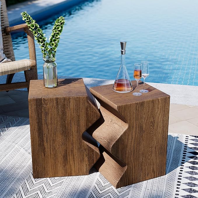 SUNBURY Concrete Side Table Set of 2, Outdoor Side Table Combine for Patio, Outdoor Accent Table Patio End Table in Woodgrain, Ceramic for Garden, Porch, Rectangular, Light Brown