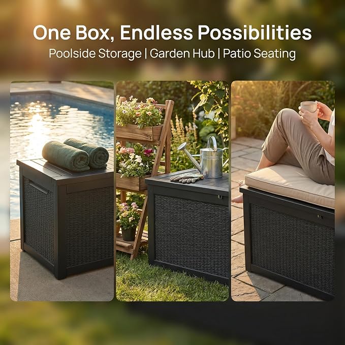 Outdoor Storage Deck Box, Large Patio Container for Garden Tools, Cushions and Yard Accessorie.Lockable Waterproof Resin Weatherproof Storage Container (Black, 320 Gallon)