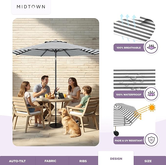 Midtown Umbrellas The Lean 8 Feet Outdoor Umbrella With Terylast Matter Stripes (Grey/White Stripes) Polyester Fabric - Auto-Tilt Aluminum Frame Patio Umbrella For Deck, Garden, Pool - Black Pole