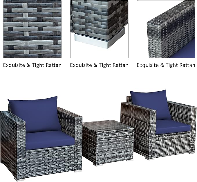 DORTALA 3 Pieces Patio Furniture Set, Outdoor Rattan Sofa Couch Set with Cushions, Tempered Glass Coffee Table, Wicker Patio Conversation Set for Lawn Backyard Poolside Balcony, Navy