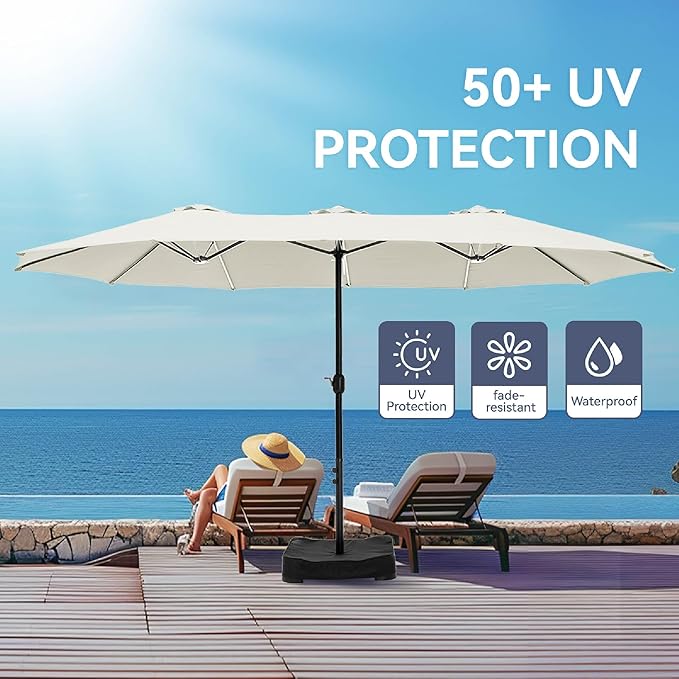 GREEN PARTY 15 ft Rectangular Patio Umbrella with Base Included, Large Double-Sided Outdoor Table Umbrella with Crank, 1.9" Pole UPF 50+ UV Resistant for Pool Deck Backyard Garden, Ivory