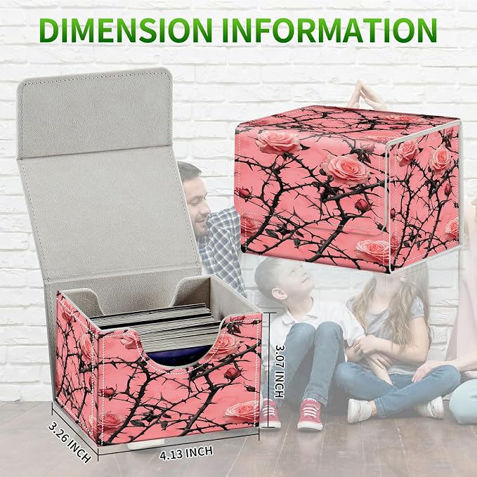 Card Deck Box for MTG, Cards Storage Box Fits 120+ Sleeved, Leather Small Size Strong Magnetic Closing Card Case for Board Games Magic TCG CCG Baseball Collection, Pink Flower Tree