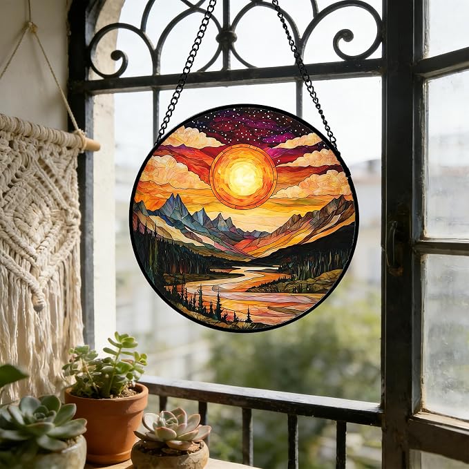 DASTOLL Stained Glass Window Hanging, Dusk Sunset Landscape Sun Catchers Glass Panel Lakes and Mountains Suncatcher Decor for Birthday for Women, Men, Wife, Aunt, and Mom 14.9 in