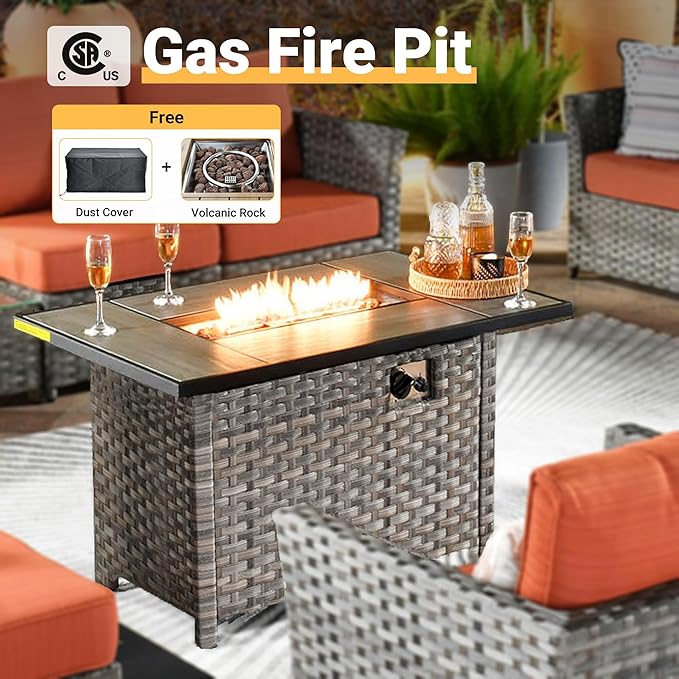 16 Pieces Patio Furniture Conversation Set with 42" Fire Pit Table Rocking Chair Outdoor Sectional Gray Wicker Sofa Set