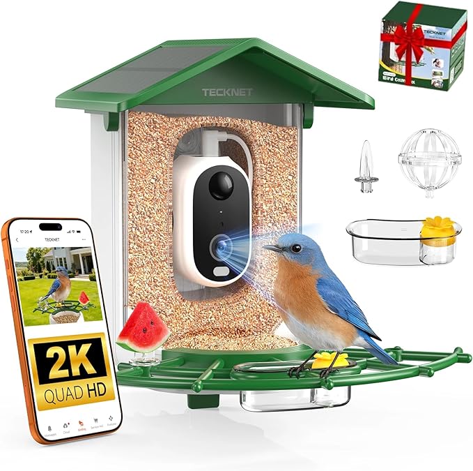 TECKNET Smart Bird Feeder with Camera, 2K UHD Video, AI Bird Species Identification, Instant Arrival Alerts, Solar Powered, Waterproof Birdhouse Camera, Gift for BirdLovers, Family, Green